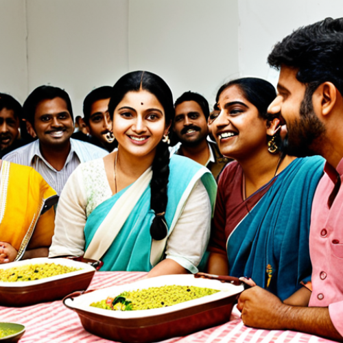 Home 11 **A group of diverse people happily participating in a Bengali language community event, sharing knowledge and experiences with each other. The scene should evoke a sense of belonging, learning, and cultural exchange.**