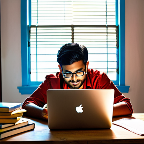 Home 6 **A vibrant, modern Bengali blogger working on their laptop, surrounded by books and notes, symbolizing the depth of research in Bengali blogging. The scene should include elements that represent technology and creativity. Bright, optimistic lighting.**