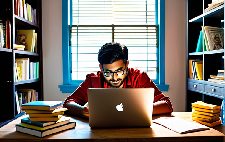 **A vibrant, modern Bengali blogger working on their laptop, surrounded by books and notes, symbolizing the depth of research in Bengali blogging. The scene should include elements that represent technology and creativity. Bright, optimistic lighting.**