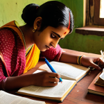 **Bengali Language Learning Scene:** A warm, inviting image of a person studying Bengali. The scene should include a mix of traditional and modern learning tools: a textbook open to a page with Bengali script, a notebook filled with handwritten notes, and a smartphone displaying a language learning app. The setting could be a cozy room filled with books and cultural artifacts, emphasizing the richness of Bengali culture. Focus on vibrant colors and soft lighting to create an encouraging and accessible atmosphere.