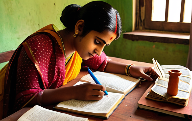 **Bengali Language Learning Scene:** A warm, inviting image of a person studying Bengali. The scene should include a mix of traditional and modern learning tools: a textbook open to a page with Bengali script, a notebook filled with handwritten notes, and a smartphone displaying a language learning app. The setting could be a cozy room filled with books and cultural artifacts, emphasizing the richness of Bengali culture. Focus on vibrant colors and soft lighting to create an encouraging and accessible atmosphere.