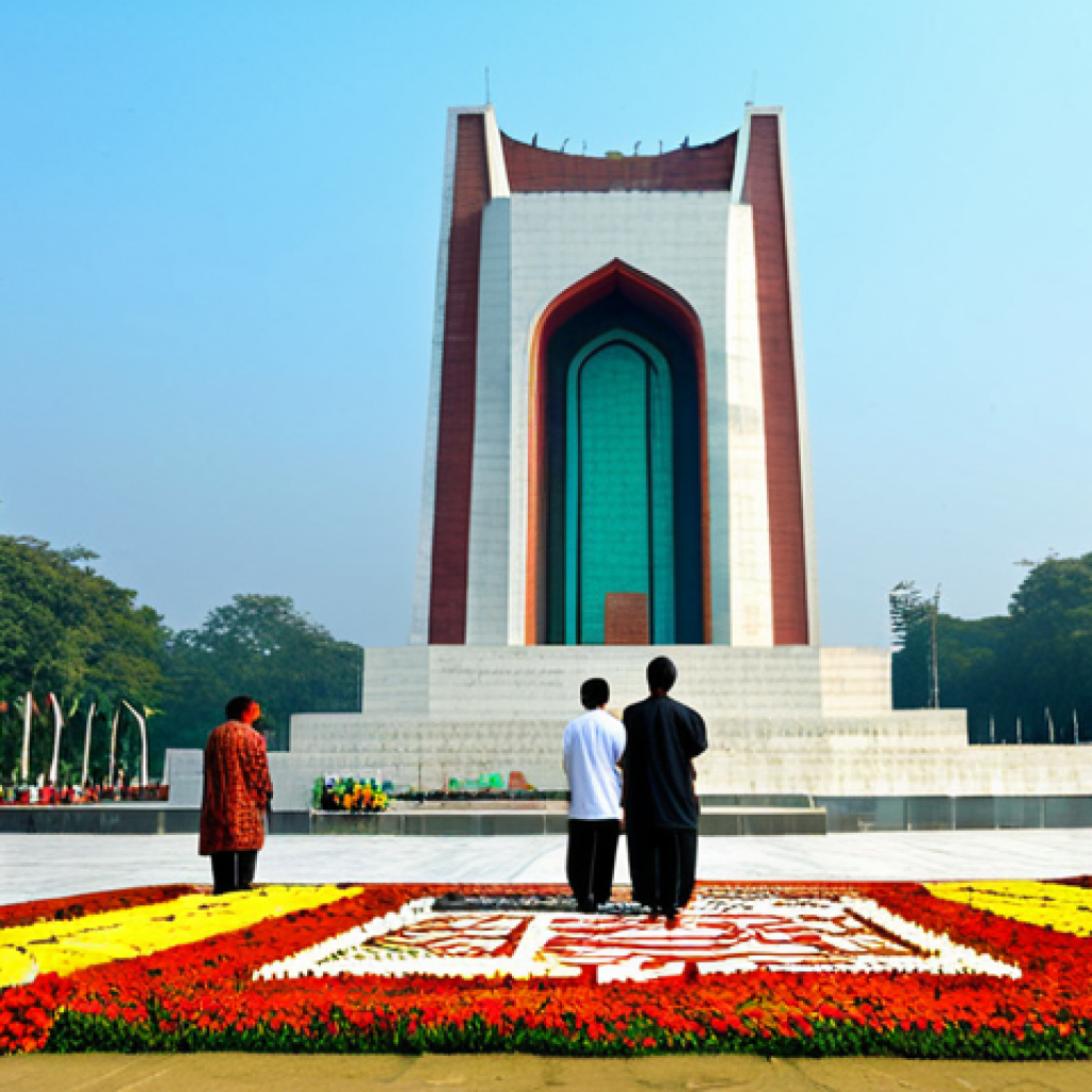 Remembering the Martyrs**

A group of fully clothed people, including children, solemnly placing flowers at the Shaheed Minar (Martyr's Monument) in Dhaka on a bright, sunny day. The monument is adorned with Bengali script. Background includes a clear blue sky and respectful onlookers. Safe for work, appropriate content, family-friendly, professional photography, perfect anatomy, natural proportions, fully clothed. Modest attire.

**