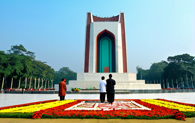 Remembering the Martyrs**
A group of fully clothed people, including children, solemnly placing flowers at the Shaheed Minar (Martyr's Monument) in Dhaka on a bright, sunny day. The monument is adorned with Bengali script. Background includes a clear blue sky and respectful onlookers. Safe for work, appropriate content, family-friendly, professional photography, perfect anatomy, natural proportions, fully clothed. Modest attire.
**