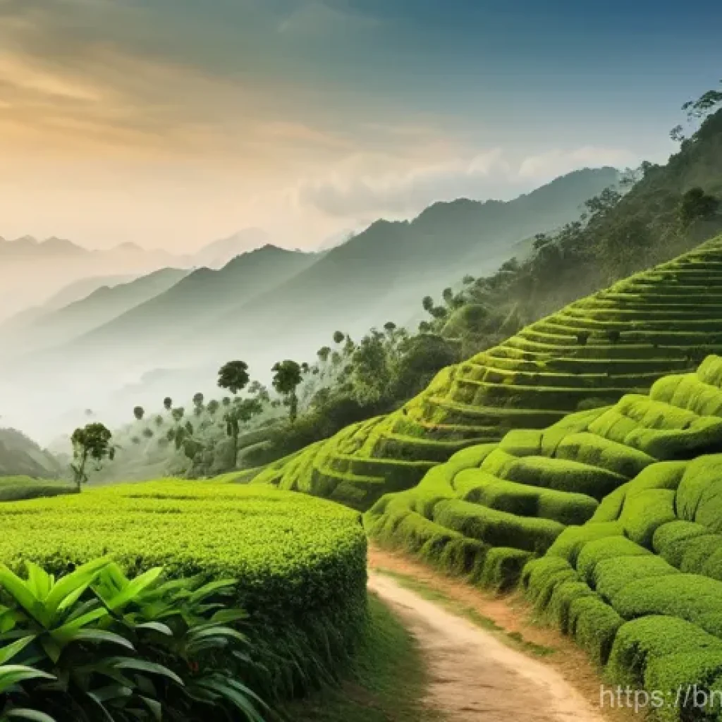 벵골어 관광 가이드 - **Prompt:** A serene, panoramic view of an offbeat, hilly village path in Bangladesh or West Bengal....