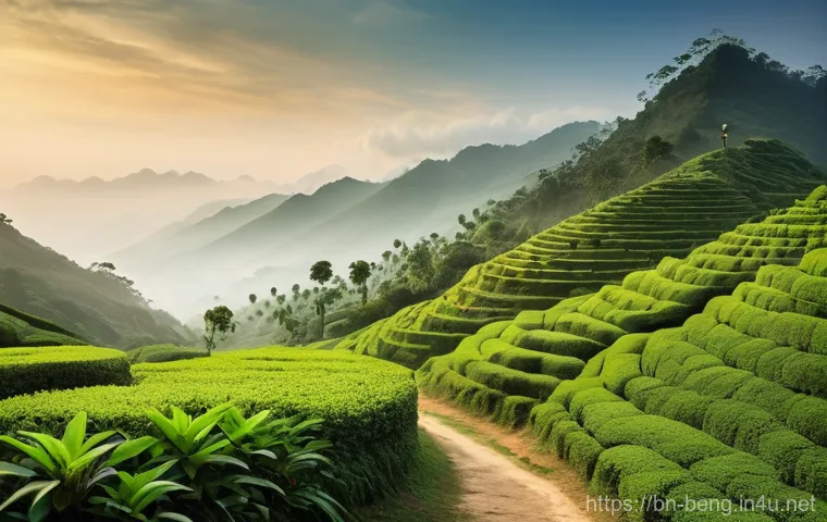 벵골어 관광 가이드 - **Prompt:** A serene, panoramic view of an offbeat, hilly village path in Bangladesh or West Bengal....