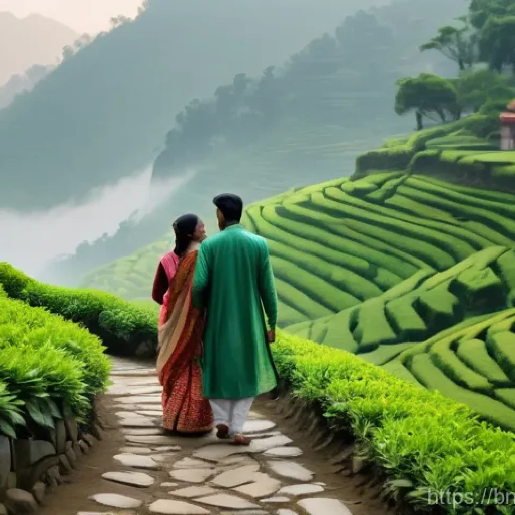 벵골어 작가 추천 - **Prompt 1: "Poetic Mountain Romance"**
A painterly illustration of a young Bengali couple, a ma...