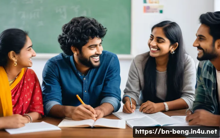 벵골어 학습 그룹 - **Prompt:** A vibrant and diverse group of 5-7 adults (ages 20-40) from various ethnic backgrounds h...