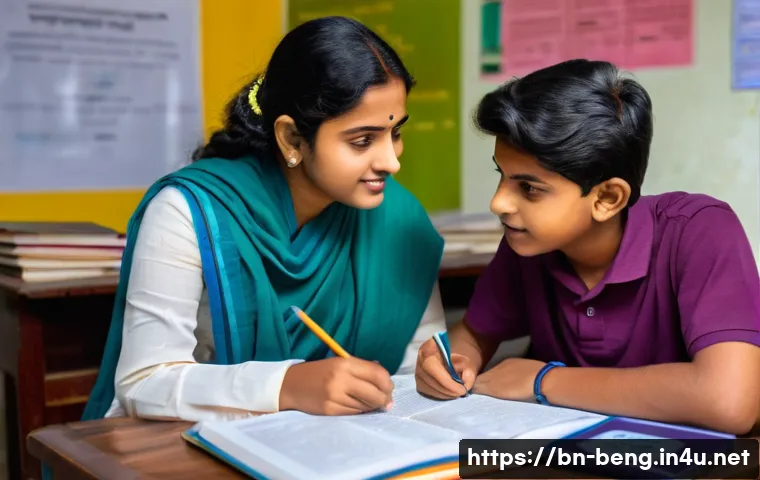 벵골어 개인 교습 - A dedicated Bengali female tutor attentively teaching a single student in a cozy, well-lit room fill...
