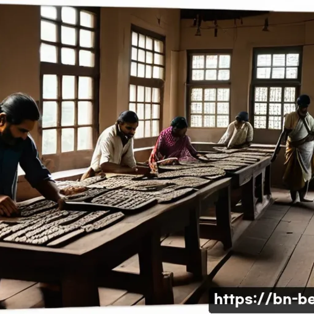 벵골어 출판물 - A vibrant scene of a traditional Bengali printing press workshop from the early 19th century, showin...