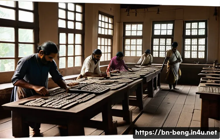 벵골어 출판물 - A vibrant scene of a traditional Bengali printing press workshop from the early 19th century, showin...