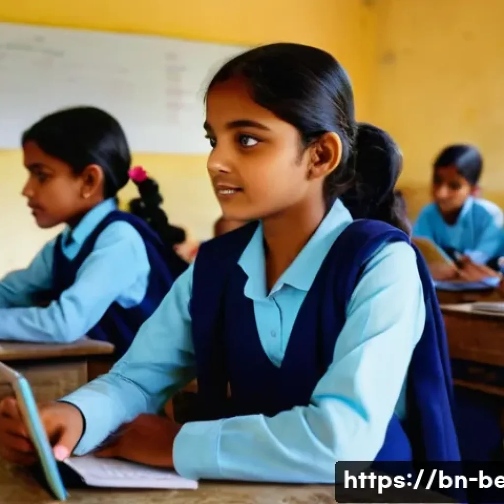 벵골어 교육 정책 - A vibrant classroom scene in a rural Bangladeshi school, showing diverse Bengali students wearing sc...