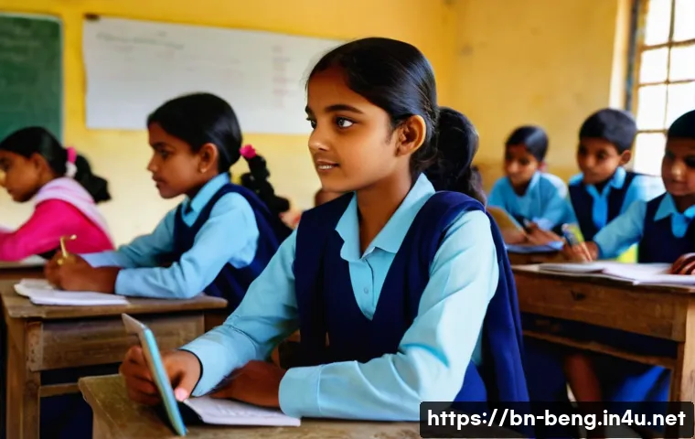 벵골어 교육 정책 - A vibrant classroom scene in a rural Bangladeshi school, showing diverse Bengali students wearing sc...