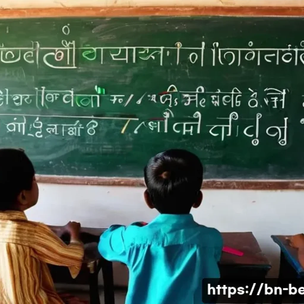 벵골어 어순 - A detailed educational illustration showing a Bengali language classroom scene with a teacher explai...