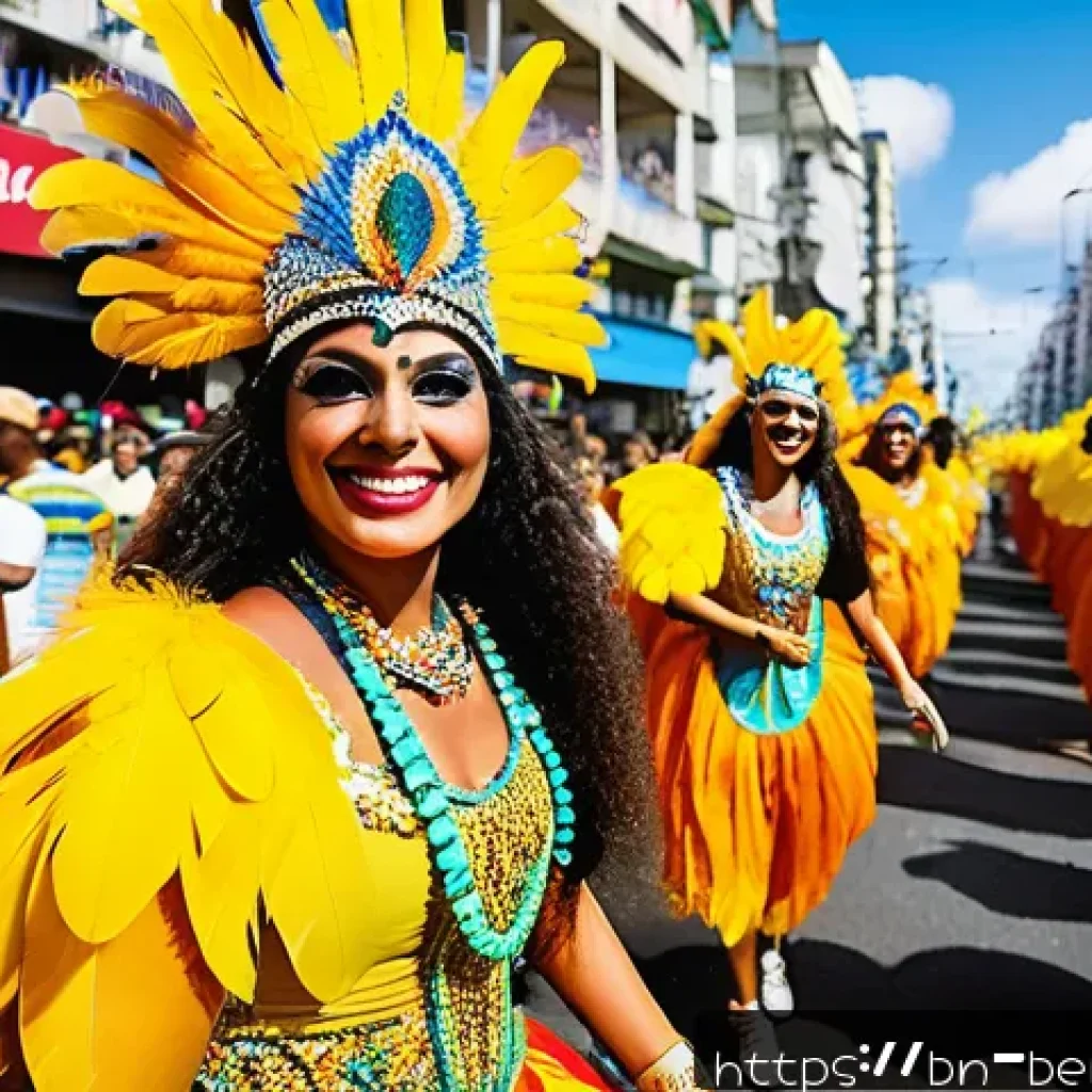 벵골어 국제 행사 - A vibrant street scene during Brazil's Rio Carnival, featuring thousands of joyful people wearing co...
