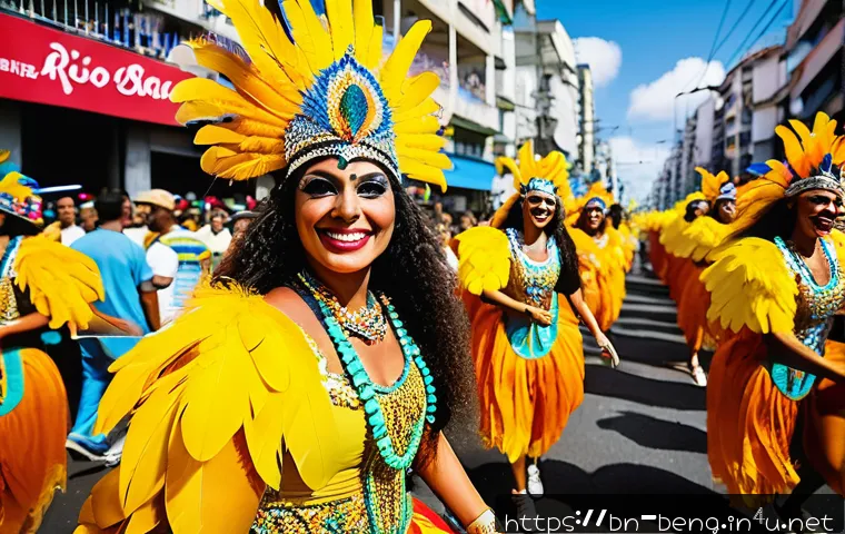 벵골어 국제 행사 - A vibrant street scene during Brazil's Rio Carnival, featuring thousands of joyful people wearing co...