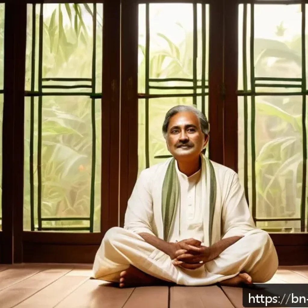 벵골어 시문학 - A serene and contemplative Bengali poet sitting cross-legged on a traditional wooden floor, surround...