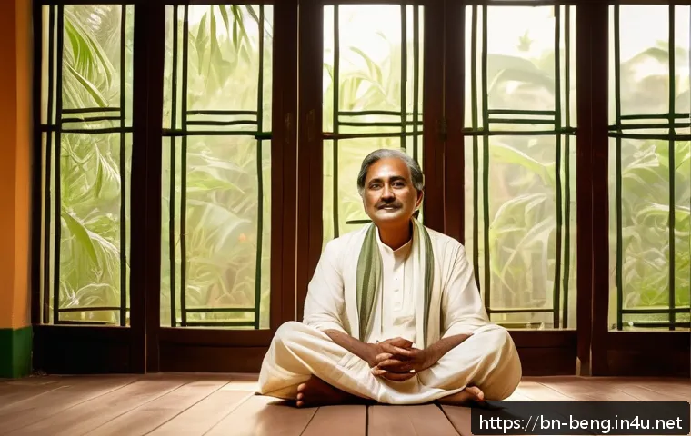 벵골어 시문학 - A serene and contemplative Bengali poet sitting cross-legged on a traditional wooden floor, surround...