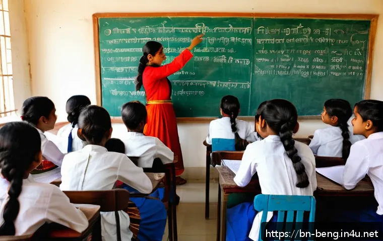 벵골어 동사 변화 - A vibrant classroom scene in Bangladesh with a diverse group of Bengali students attentively learnin...