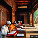 Home 21 벵골어 기원 - A detailed historical scene depicting ancient Bengal with scholars and poets studying and writing ea...