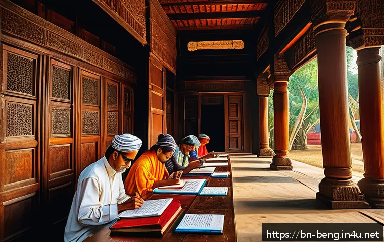 벵골어 기원 - A detailed historical scene depicting ancient Bengal with scholars and poets studying and writing ea...