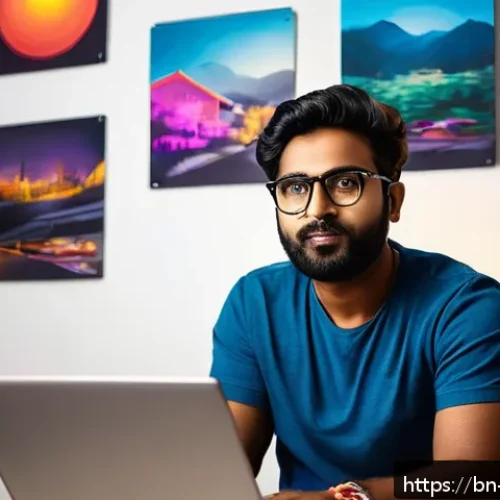 Home 32 벵골어 SNS 인플루언서 - A creative Bengali social media influencer working at a cozy home studio, surrounded by modern camer...