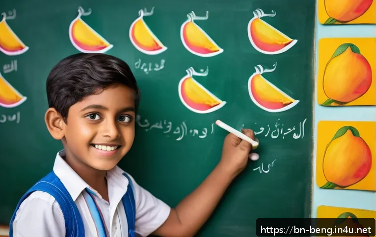 벵골어 단어 암기법 - A vibrant and colorful classroom scene with a young Bengali student joyfully learning language by cr...