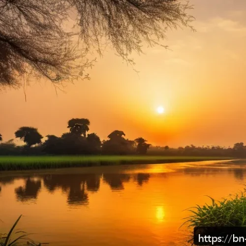 Home 30 벵골어 단어 형성 방식 - A serene, warm sunset scene illustrating the word "Sondhya" in Bengali script, with soft golden and ...