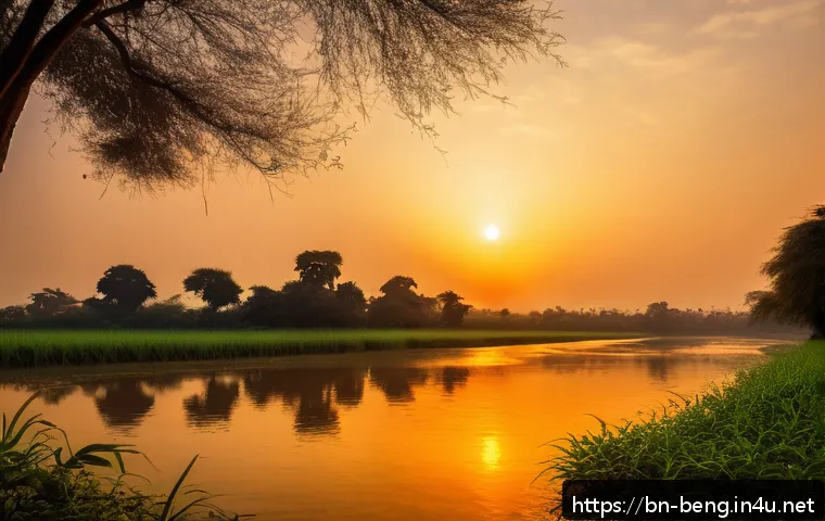 벵골어 단어 형성 방식 - A serene, warm sunset scene illustrating the word "Sondhya" in Bengali script, with soft golden and ...