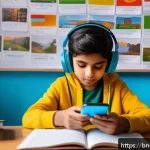 벵골어 학습법 - A vibrant and modern scene showing a young Bengali learner using a smartphone with language learning...