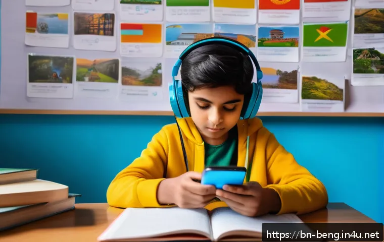 벵골어 학습법 - A vibrant and modern scene showing a young Bengali learner using a smartphone with language learning...