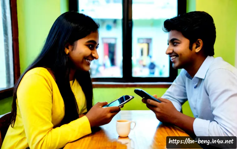 Home 17 벵골어 원어민 친구 사귀기 - Photorealistic candid scene of two Bengali native-speaking young adults becoming friends at a cozy c...